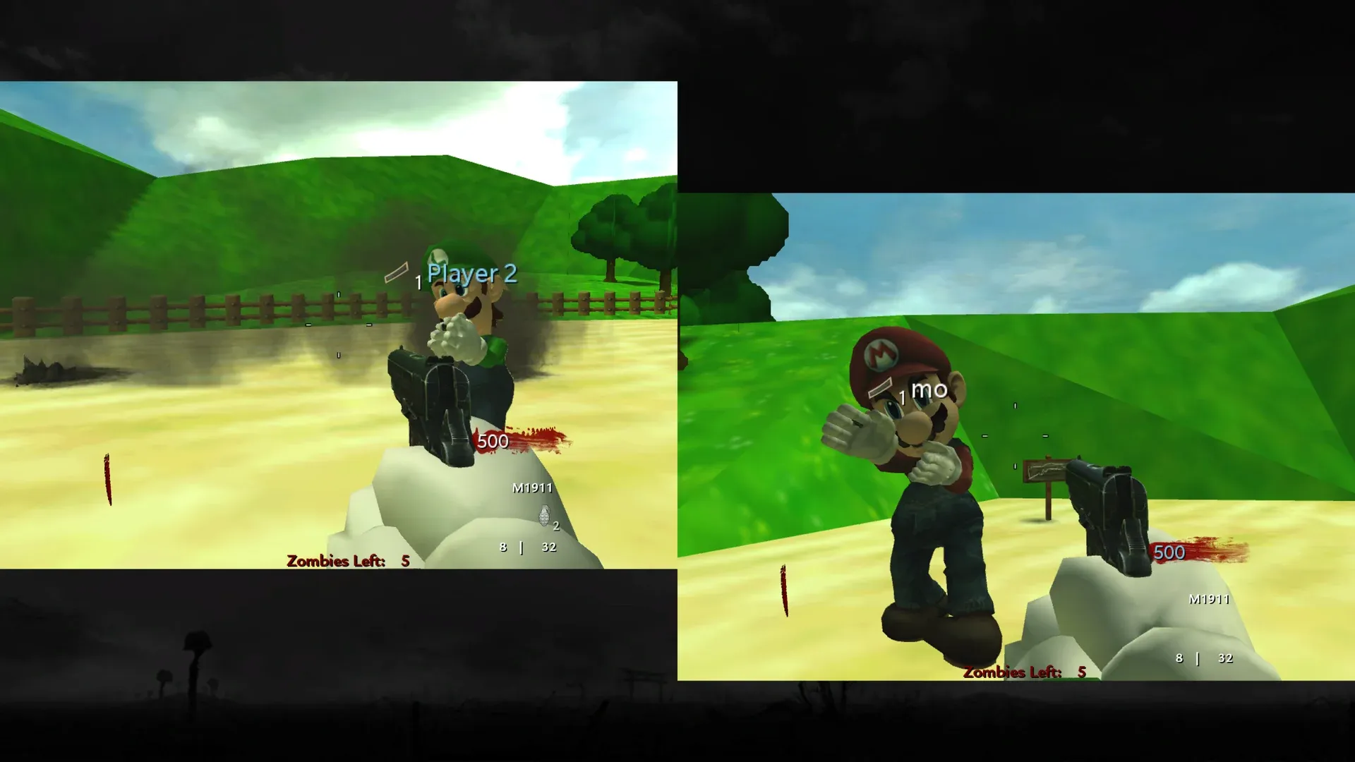 Two players using Split Screen on the Mario custom zombie map